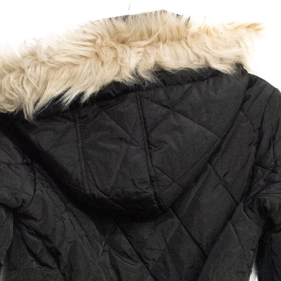 Jeane blush Womens Quilted Black Hooded Coat With Faux Fur Trim & Belted Waist S - Picture 6 of 8